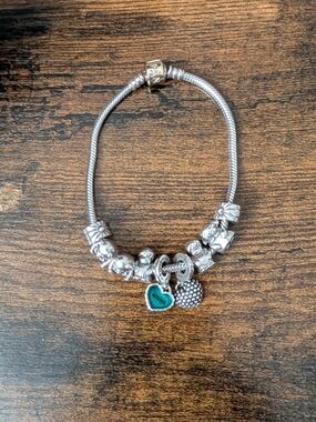 Pandora Bracelet Sterling Silver Charm Bracelet with Teal Heart Charm